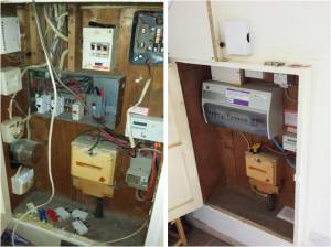 An old fuse board with loose wiring beside the tidy new consumer unit that replaced it